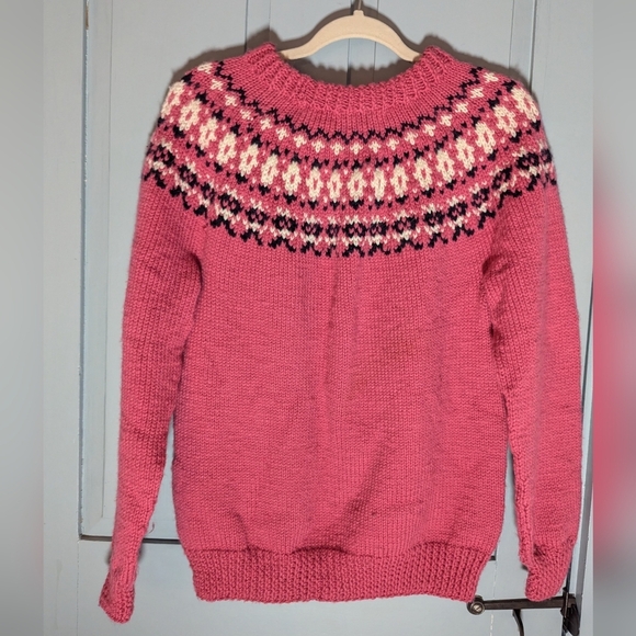 Handknit Sweaters - 🩷 Handknit Fair Isle pullover pink sweater M, no tags wool black white